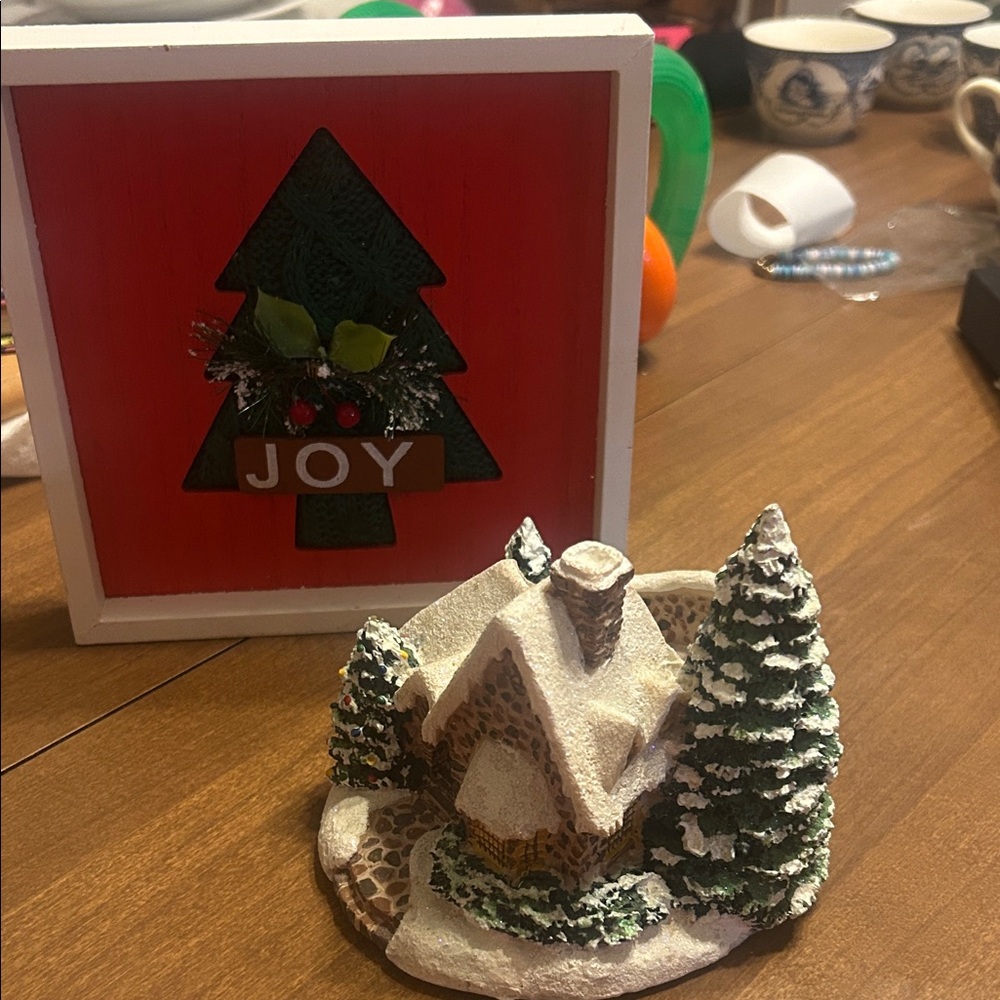 Thomas Kinkade Holiday Village Scene w/ Snowy Trees candle holder & tree plaque